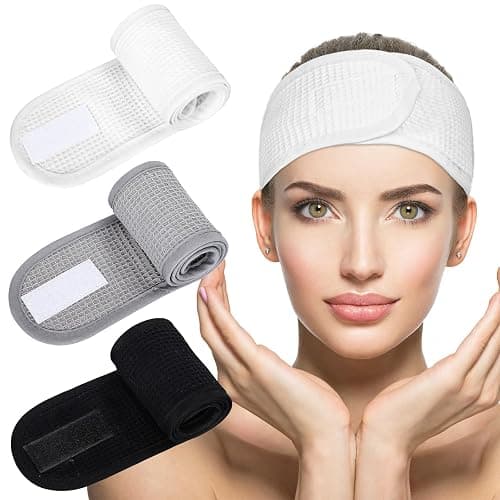 Whaline 3Pcs Spa Facial Headband White Black Grey Head Wrap Terry Cloth Waffle Adjustable Makeup Headband for Bath Sports Washing Face Shower - Image 1