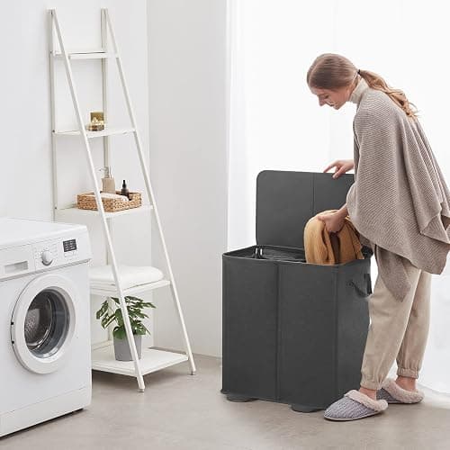 Lifewit Double Laundry Hamper with Lid and Removable Laundry Bags, Large Collapsible 2 Dividers Dirty Clothes Basket with Handles for Bedroom, Laundry Room, Closet, Bathroom, College, 136L Black thumbnail 2