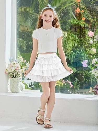 Girls Ruffle Tiered Mini Skirt Kids Cute Bowknot Lace Trim Lolita Skirts with Shorts 5-14 Years thumbnail 3