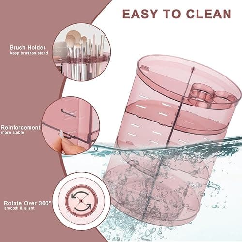 Rotating Makeup Organizer, DIY 8 Adjustable Layers 360 Spinning Skincare Organizers, Makeup Storage Carousel Tower with Brush Holder & Perfume Trays, Cosmetic Display Case for Vanity Bathroom - Clear Pink thumbnail 5