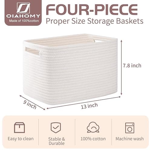 OIAHOMY 4 Pack Storage Baskets for Organizing, Cube Storage Bins for Shelves, Rectangle Storage Baskets With Handles, Woven Baskets for Storage, 12.7''Lx9''Wx7.8''H, White thumbnail 3