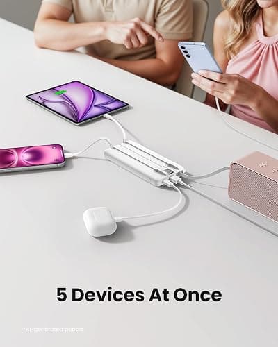Coowisty Portable Power Bank, 10000mAh Slim Portable Charger with Built-in Cables, External Battery Pack 5 Outputs 2 Inputs LED Display Compatible with iPhone/Android & More (White) thumbnail 3