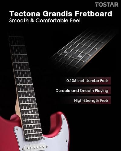 Tostar Electric Guitar Kit for Beginners with 39" Lightweight Body, Red | Rounded Matte Body, Rich Sound, SSH Pickups, 5 Way Switch, 1:18 Tuners, Vintage Tremolo Bridge, Complete Accessories Kit thumbnail 9