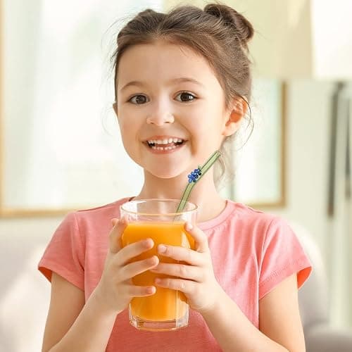 6 Pcs Glass Straws with Design Reusable Cute Fruit Drinking Straws 7.9in x 8mm Colorful Party Favors Decorations with 2 Cleaning Brushes for Summer Beach Birthday(Bent) thumbnail 2