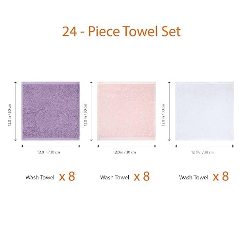 Amazon Basics washcloth for bathroom, 100% Cotton Extra Absorbent , Fast Drying - salon towels - 24-Pack, Petal Pink, Lavender, White, 12 x 12 in thumbnail 3