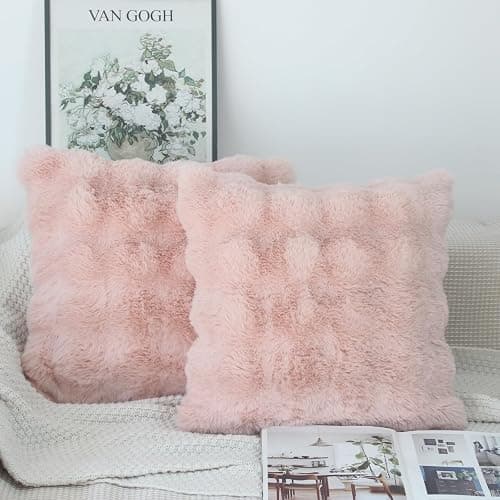 NIULAA Soft Fluffy Faux Fur Throw Pillow Covers 16x16 Blush Pink Set of 2 Luxury Thick Plush Cute Decorative Pillowcases for Sofa Couch Living Room - Image 1