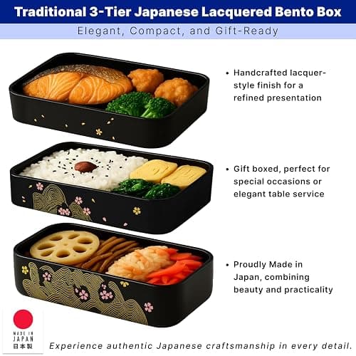 JapanBargain 1951, Made in Japan Three-Tier Japanese Lunch Bento Box with Chopsticks, Lacquered Sakura Cherry Blossom Design thumbnail 4