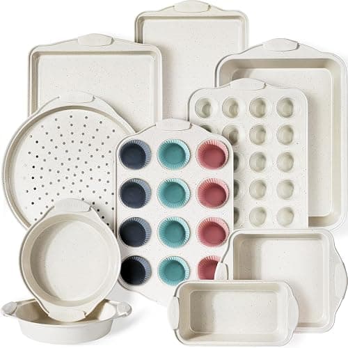 Kikcoin 22 PCS Nonstick Baking Pans Set, Stackable Bakeware Sets with Silicone Handles, 450°F Oven Safe Baking Sheet Set, Easy Release Cookie Sheets for Baking, Cream - Cream - Image 1
