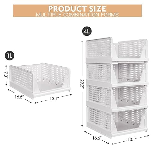 caktraie 4 Pack Stackable Closet Storage Basket - Stackable Storage Bins, Multifunctional & Foldable Closet Organizer Divided, Wardrobe Cupboard Space-Saving Clothes Storage Hat Organizer, White - Image 1