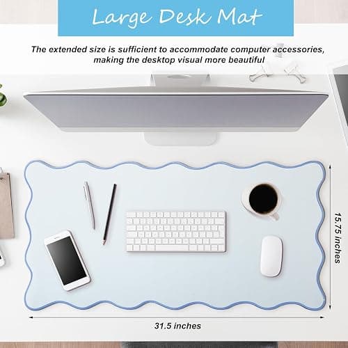 Hahafelt Scalloped Desk Mat Large Scalloped Piping Cute Desk Mat Aesthetic Preppy Table Pad Large Nonslip Pad with Edge Stitching Waterproof Gaming(Blue,31.5 x 15.75 Inches) thumbnail 3