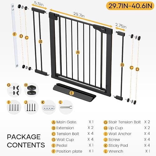 Cumbor 29.7-40.6" Baby Gate for Stairs, Baby Essential Safety Gate, Mom's Choice Awards Winner-Dog Gate for Doorways, Pressure Mounted Auto-Close Pet Gates for Dogs Indoor, Durable Child Gate, Black thumbnail 9