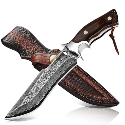 10.4''Damascus Bowie Hunting Knife | Full Tang Fixed Blade with VG10 Core & Leather Sheath,Adventure,Survival,Hiking,Camping,Ideal Gift Knives for men women, - Image 1