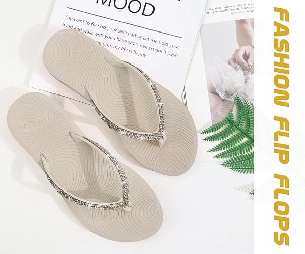 KuaiLu Women's Rhinestone Flip Flops with Comfort Arch Support Yoga Mat Cushion Sandals Fashion Summer Beach Travel Orthotic Walking Thong Sandles Slip on Plantar Fasciitis Indoor Outdoor Shoes thumbnail 6