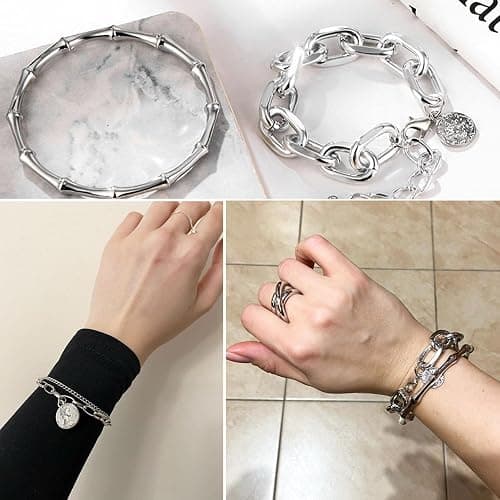 17IF 18-25 PCS(6 Pack) Boho Gold Bracelets Set for Women Stackable Chunky Dainty Bangles Adjustable Chain Flat Cuff Cuban Punk Charm Bundle Jewelry thumbnail 5