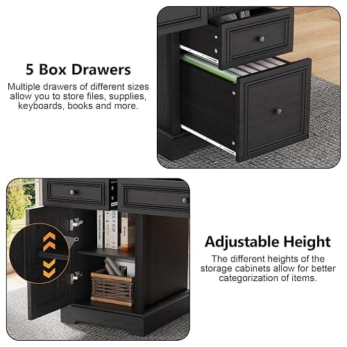 Vipbear 60" Executive Desk, Farmhouse Computer Desk with Drawers and File Cabinet, Embossed Texture Home Office Desks, Workspace for Work Study Writing, Black thumbnail 4