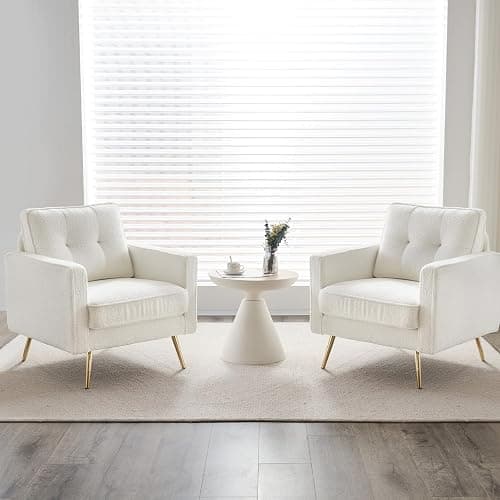 VINGLI Upholstered Living Room Chairs White Accent Chair Fluffy Teddy Fabric Mid Century Modern Sofa Chairs with Arms, Gold Legs for Reading, Bedroom, Waiting Room thumbnail 9