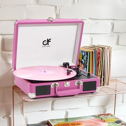Record Player, Vintage 3-Speed Suitcase Turntable with Built-in 2 Speakers,USB Recording Vinyl to MP3, Bluetooth 3 Speed 3 Size Portable Record Player for Music Lovers Hot Pink thumbnail 11