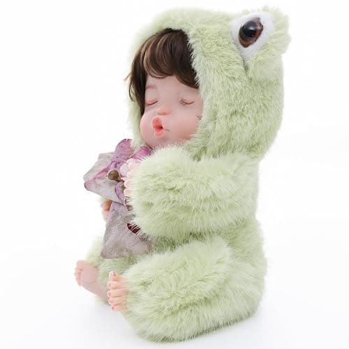 Reborn Baby Doll 10 Inch – Realistic Vinyl Sleeping Girl in Soft Green Frog Outfit – Comfort Doll Gift for Girls & Collectors thumbnail 4