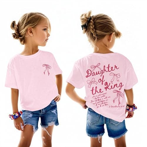 Fkatuzi Girls Christian Jesus Faith Shirts for Kids Cute Bow Shirt Daughter of The King God Bible Verse Graphic Tees Cotton - Image 1