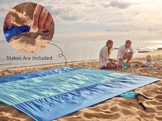 WEKAPO Beach Blanket Sandproof Waterproof, Extra Large Beach Mat, Oversized & Compact Sand Free Mat Quick Drying, Lightweight & Durable with Stakes & Corner Pockets thumbnail 6