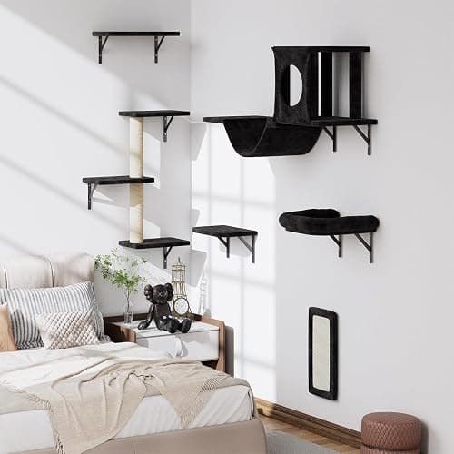 NUNU LAB Wall Mounted Cat Climber Set, 6 Pcs Cat Furniture Set with House, Bridge, Steps, Scratcher Board and Hammock, Shelves for Indoor, Luxury Walls Furniture(Black) thumbnail 8