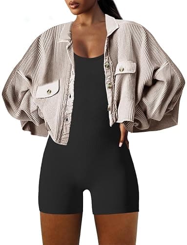 Panadila Women's Cropped Waffle Knit Shacket Short Button Down Jacket Batwing Sleeve Shirts with Pocket thumbnail 4