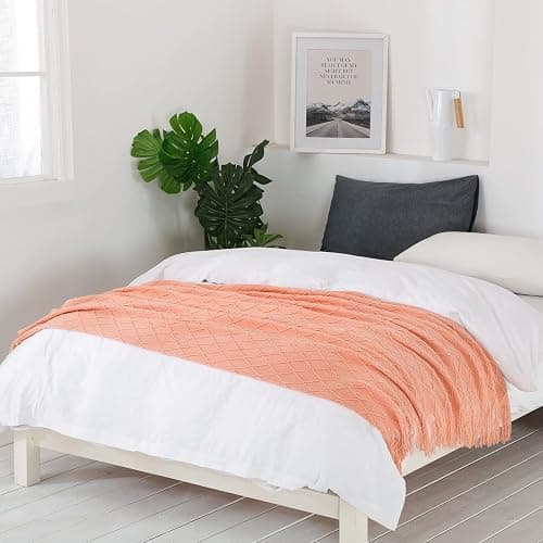 BOURINA Orange Throw Blanket 50x60 Inches Throw Textured Solid Soft Sofa Couch Decorative Knit Blanket thumbnail 2