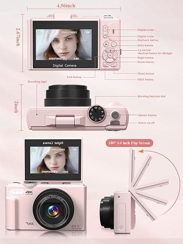 4K Digital Camera for Photography, 64MP Vlogging Camera for YouTube, WiFi Vlog Cameras with 18X Digital Zoom, 3'' Flip Screen and 32GB TF Card, Pink thumbnail 8