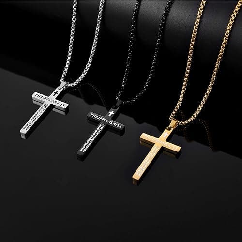 Fiusem Bible Verse Cross Necklace for Men, Stainless Steel Mens Necklace, Black/Gold/Silver Tone Cross Pendant for Men thumbnail 8
