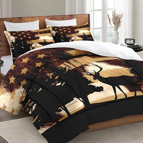 WeCozy Queen Size Comforter Set with 2 Pillowcases, Deer Animal Tree Cow Print 3 Pcs Bedding for Kids and Adults, Retro American Flag Soft Comforter Set for Bedroom Bed Decor thumbnail 3