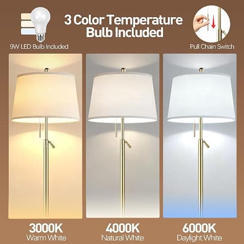 Gold Floor Lamp for Living Room, Modern Standing Lamp 55-67" Height Adjustable Brass Tall Floor Lamp with Pull Chain Switch and 3 CCT LED Blub for Living Room, Bedroom, Office & Corner Reading thumbnail 4