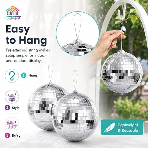 Youdepot 6-Inch Disco Ball 2-Pack, Silver Hanging Mirror Balls | with String, Reflective Disco Ball Decor, for Disco Party Decorations, Disco Christmas Decor, Home DIY, Weddings thumbnail 6