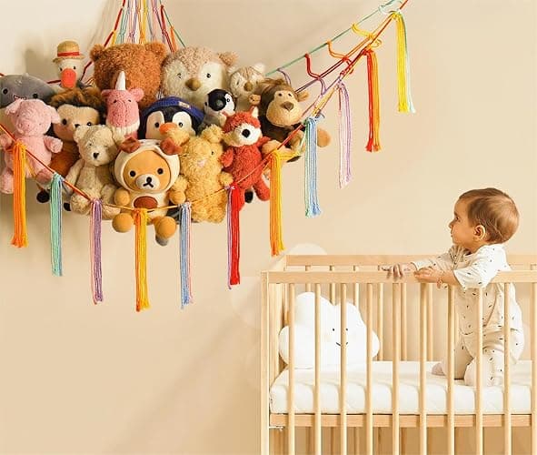 Stuffed Animal Hammock Corner Storage Net Cute Preppy Trendy Stuff Gifts for Teen Girls Baby Room Wall Nursery Decor Rainbow Color Colorful Unicorn Hanging Organizers XL Large thumbnail 3