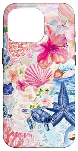 European Summer Preppy Collage Hibiscus And Turtle Case for iPhone 16 Pro - iPhone 16 Pro - Image 1
