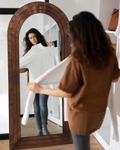Coomily Full Length Mirror, 71"x32" Wooden Mirror Full Length with Stand Wood Floor Mirror, Oversized Stand Up Mirrors Large Wall Mirrors, Wall Mounted Mirrors, Arched Vintage Style, Walnut thumbnail 7