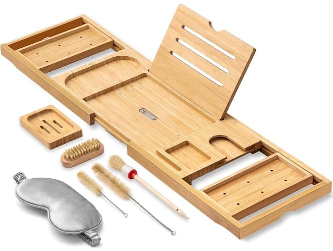AUTODECO Bathtub Caddy Tray, Bamboo Bathtub Tray, Expandable Bath Tray with Bamboo Book Stand, Soap Tray, Perfect for Home Spa, Natural Colour - Natural - Image 1