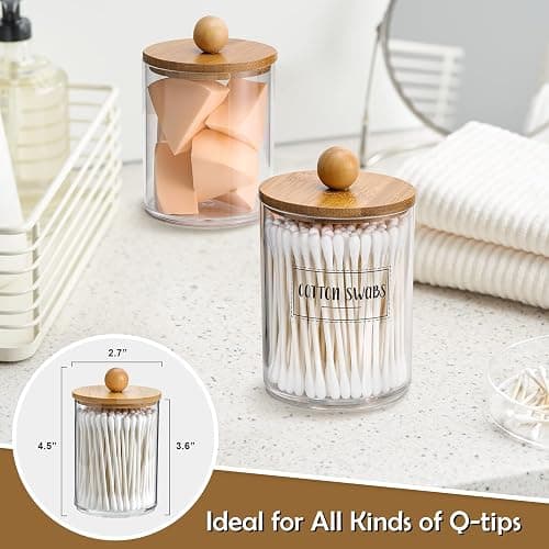 VITEVER 3 Pack Qtip Holder Dispenser with Bamboo Lids - 10 oz Clear Plastic Apothecary Jar Containers for Vanity Makeup Organizer Storage - Bathroom Accessories Set for Cotton Swab, Ball, Pads, Floss thumbnail 4
