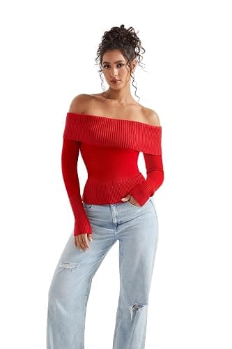 SUUKSESS Women Off Shoulder Sweaters Long Sleeve Ribbed Knit Going Out Fall Tops Blouse thumbnail 6