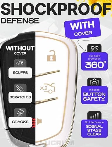 Lucrum Compatible with Cadillac Escalade Key Fob Cover & Leather Keychain, 5 Buttons Keyfob Case for ATS CTS CT6 SRX XT4 XT5 XT6 - (2015-2023) - White and Gold thumbnail 4