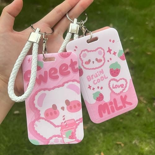 FGISAR 2 Pcs Photocard Holder Keychain Cute Bear Strawberry ID Badge Holder with Keychain Badge Reel Stationery for Back to School Student Bus Card Pendant Keychain (Pink) thumbnail 2