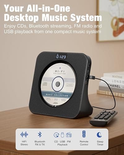 MEGATEK Portable CD Player with Bluetooth RX/TX, FM Radio & USB - Black | Desktop Design, HiFi Stereo Speakers, Front Display, Headphone Jack, Sleep Timer, Remote, USB-C Adapter Included thumbnail 2