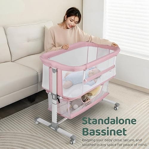 Cowiewie Bassinet Bedside Sleeper, Portable, Breathable, Adjustable Baby Bedside Bassinet for Peaceful Nights, Pink thumbnail 9