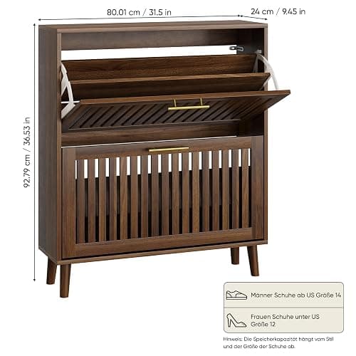 Smart FENDEE Schuhschrank Bauernhausstil, schmaler freistehender Schuh-Organizer mit 2 klappbaren Latten-Schubladen (Slatted), goldene Griffe, versteckter Eingangsbereich für Flur, Walnuss 80B cm thumbnail 3