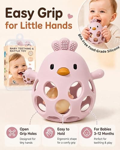 Tinabless Baby Teether Rattle Toys, 2-in-1 Easy Grip Silicone Teething for Babies 3-12 Months, BPA-Free Sensory Chew Toy for Sore Gums, Infant Gift (Pink w/Rattle) thumbnail 4