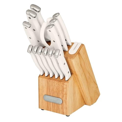 Farberware Edgekeeper Triple Riveted Knife Block Set with Built in Sharpener, 14-Piece, White - White - Natural Wood Block thumbnail 2