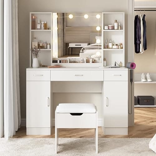 Vabches Makeup Vanity Table with Lighted Mirror & Power Strip, Large Vanity Set Vanity Desk with Storage Stool, 3 Lighting Modes, Brightness Adjustable, 45.2in(L) thumbnail 2