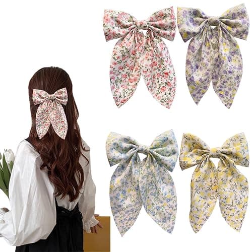 SALOCY Chiffon Hair Bows for Women Girls,4 PCS Barrette Hair Clip Long Black Ribbon Bows French Style Hair Accessories for Summer (Pink,Yellow,Blue,Purple) - Image 1