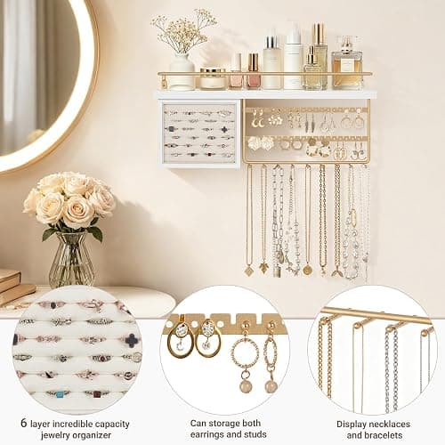 Mkono Hanging Jewelry Organizer Wall Mounted Jewelry Organizer Necklace Holder with Rustic Wood Shelf, Ring Display Box, Ear Studs Earring Holder Bracelet Organizer (Gold) thumbnail 4