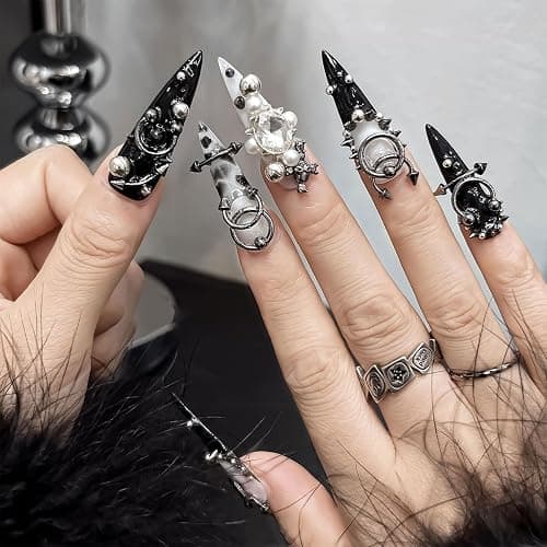 60PCS Piercing Nail Art Charms 3D Silver Alloy Goth Punk Nail Decorations Silver Gray Cone Spikes Metal Rings Alloy Rivets Jewelry for Women Goth Manicure Charm Accessories DIY Crafts Decorations thumbnail 2