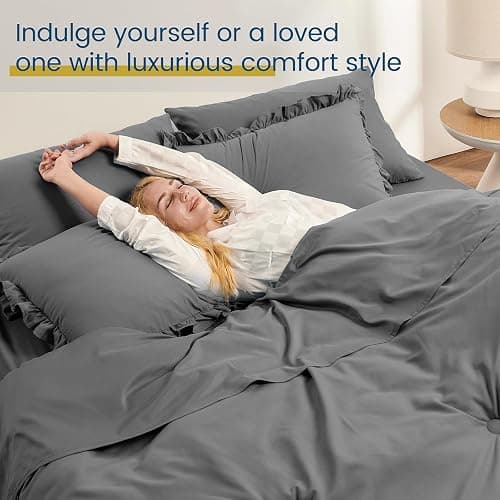 QUIETSEA Queen Bed in a Bag Dark Grey, 7 Pieces Comforter Set Queen | Ruffle Bedding Comforter Set, Shabby Chic Bed Set with Comforter, Pillowcases, Flat Sheet, Fitted Sheet and Pillow Shams thumbnail 3